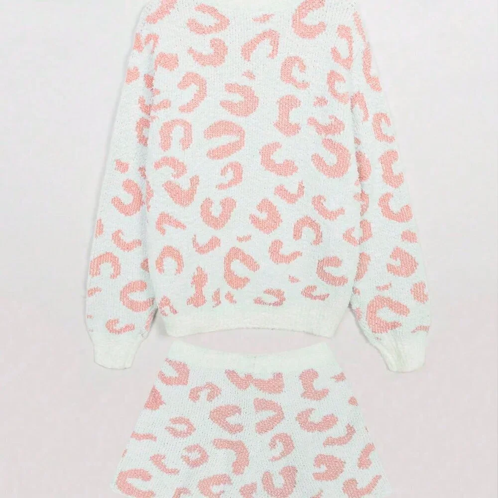 Pink Casual Womens Leopard Print Drop Shoulder Sweater & Drawstring Waist Shorts